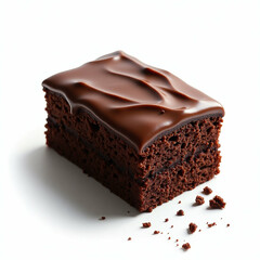 Luscious chocolate cake slice with decadent ganache served on a white backdrop