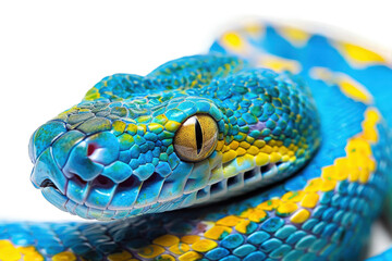 Fototapeta premium A bright blue and green snake showcasing vivid colors and sharp piercing eyes.