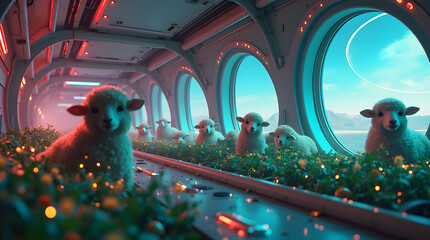 A group of fluffy white sheep stands in a dimly lit barn, illuminated by a glowing full moon. Pumpkins and candy canes add a touch of whimsy, while a tiny black cat lurks in the foreground.