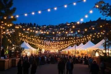 Evening Festivities: A vibrant scene unfolds under a canopy of twinkling lights, with festive crowds gathering in an outdoor event, offering a visual feast of energy and community spirit.