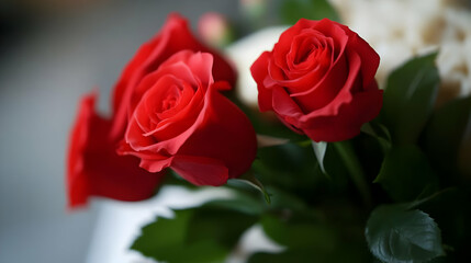 A close-up of vibrant red roses, symbolizing love and beauty.