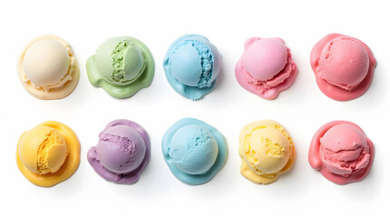 Obraz premium Collection ice cream scoops in various colors and flavors on white background