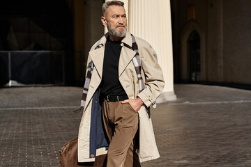 A stylish senior man walks through a vibrant city, highlighting his unique personal style.