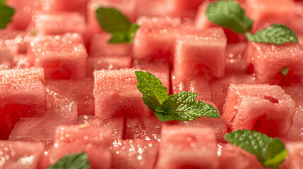 A close-up view of diced watermelon garnished with fresh mint leaves.