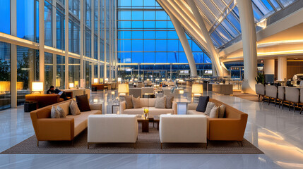 serene airport lounge with modern design, featuring cozy seating and soft lighting