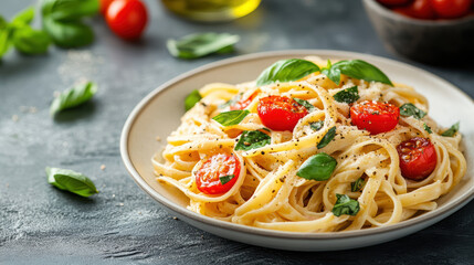 Creamy pasta with cherry tomatoes and fresh basil creates delightful vegetarian dish