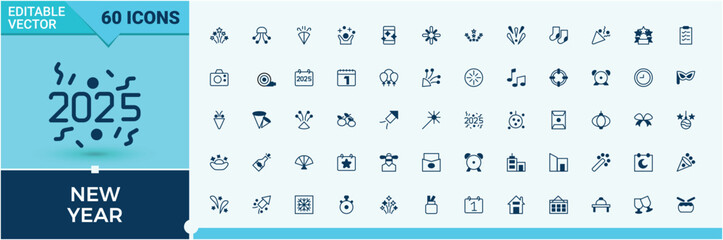 New Year line icon. Contains such symbols as christmas, year, happy celebration, firework, holiday and more. Modern vector illustration. New icon. Solid line editable stroke. Vector collection.
