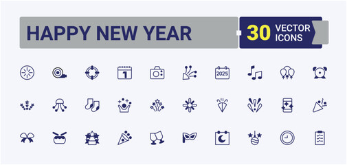 Set of Happy New Year line icon. Contains outline symbols like year, holiday, christmas, celebration, fireworks, firework and more. New Year line icon. Modern icons collection. Editable vector.
