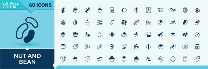 Nut And Bean vector line icon set. Containing protein, peanut, seed, walnut, nuts, coffee, chestnut and more. Collection of simple web icons. Beans icon pack. Outline and solid pictogram.