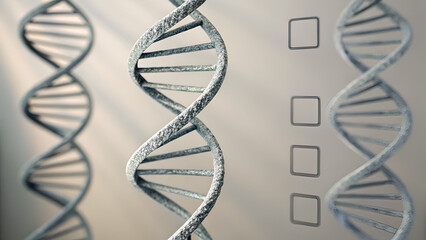 Bioethics clinical trials research DNA strands depicted in a scientific, abstract design with checkboxes for selection.