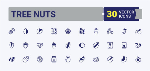Tree Nuts related icon. Nut And Bean related icon. Walnut line icons with editable stroke. Minimalist icons collection. Solid line editable stroke. Pixel Perfect.