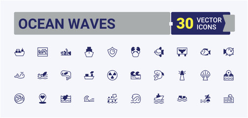 Ocean Waves related icon set. Containing nautical, swimming, water, vacation, beach, wave and more. Ocean related icon set. Outline symbol collection. Vector line and solid icons.