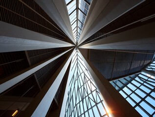 Obraz premium Architectural perspective of modern building interior with angular lines and glass skylights