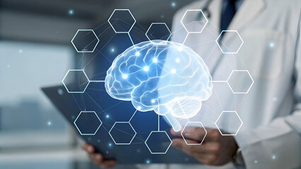 Bioethics clinical trials research A scientist holding a tablet with an overlay of a brain and hexagonal patterns.