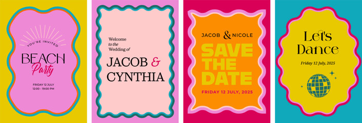 Colorful retro Save the Date and party invitation templates with wavy scalloped frames