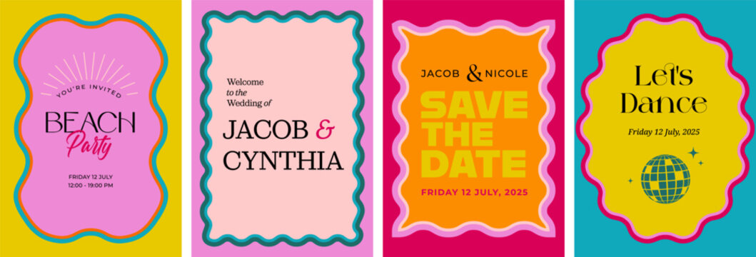 Colorful retro Save the Date and party invitation templates with wavy scalloped frames - Powered by Adobe