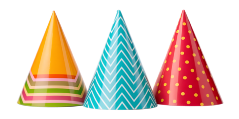 Three Different Style Stack of Three Party Hats on White - Colorful Party Hats, Festive Headwear, Celebration Accessories, Cut Out