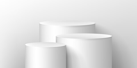 Podium in 3D style. Stand display cosmetic product. Three white display in realistic luxury style. Empty space for placing text and products. Vector illustration.
