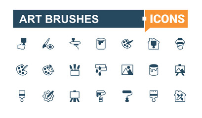 Art Brushes simple icon. Included bucket, brush, repair, drawing, colours, art, watercolor and more. Paint Brushes simple icon. Thin outline icons pack. Vector illustration in modern line style.