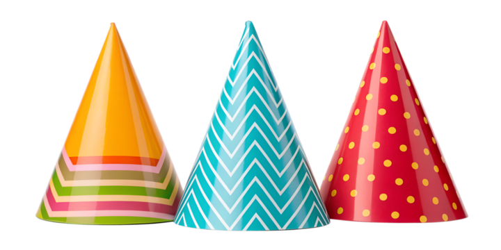 Three Different Style Stack of Three Party Hats on White - Colorful Party Hats, Festive Headwear, Celebration Accessories, Cut Out