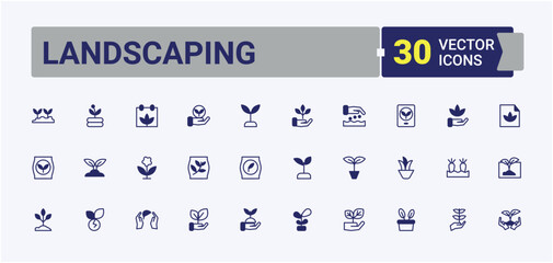Landscaping icon. Includes symbols for gardening, nature, environment, eco, ecology and more. Planting linear icon collection. Outline icons pack. Editable vector outline and solid icons.
