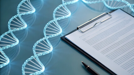 Bioethics clinical trials research DNA strands illuminated beside a clipboard and pen on a reflective surface.