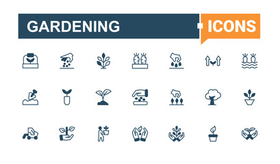 Gardening icon collection. Included environment, tree, ecology, eco, leaf and more. Planting icon set. Icons for UI designs. Vector line and solid icons. Pixel perfect.
