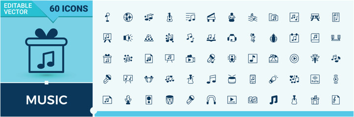 Music icon collection. It contains symbols to dj, audio, al, instrument, sound and more. Flat icons set. Music related icon. Vector line and solid icons. Pixel perfect.