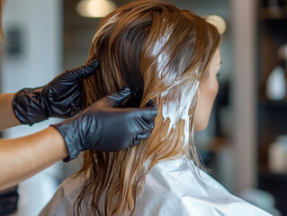 Fototapeta premium hair stylist applying hair colorant to client hair, showcasing professional salon environment. stylist wears gloves for hygiene while client enjoys transformation process