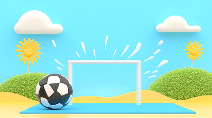 Fototapeta premium vibrant summer scene featuring soccer ball near goal, surrounded by playful clouds and cheerful flowers, evokes sense of fun