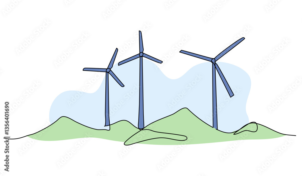 Poster vector illustration of wind turbines in a landscape. modern flat in continuous line style.