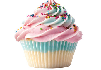 Delicious cupcake with pink and light blue frosting topped with colorful sprinkles on transparent background