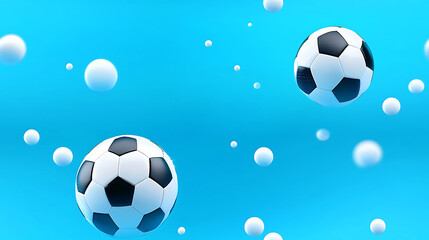 Fototapeta premium Soccer balls floating in vibrant blue background with white bubbles create playful and energetic atmosphere