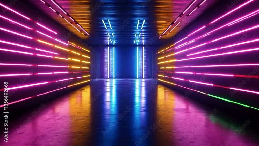 Poster neon tunnel of light: a captivating neon tunnel bathed in vibrant hues, drawing the viewer into its 