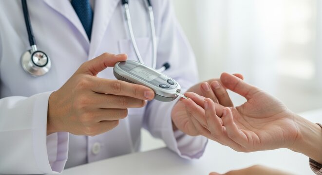 A doctor measuring blood glucose levels of a patient carefully