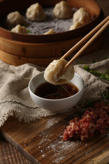 Traditional breakfast xiaolongbao in Asian countries, dumplings made of flour and pork