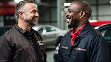 Two Smiling Men Having a Friendly Conversation in a Bright Automotive Workshop Environment