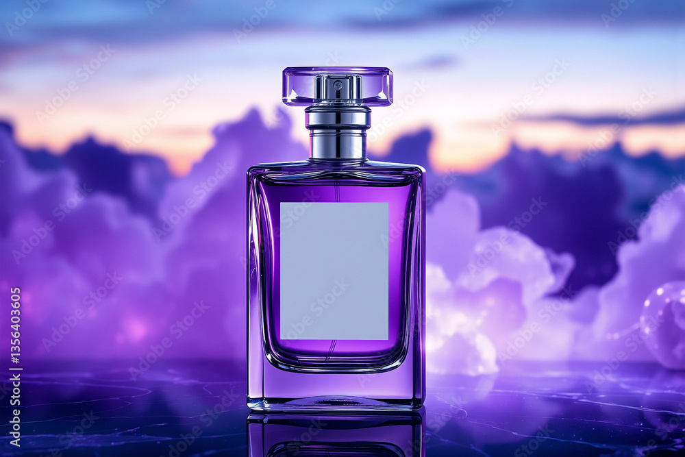Poster elegant purple glass perfume bottle with a square shape and a clear cap is showcased against a dream