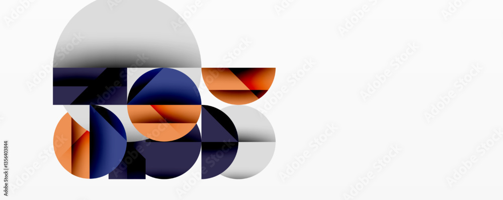 Poster Abstract geometric design with intersecting circles, triangles, squares and sharp angles creating a layered composition with gradients, depth, and contrast