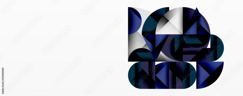 Poster Modern abstract composition with layered circles and angular segments featuring gradients, transparency effects, and a structured geometric layout