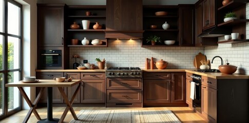 Dark stained wood kitchen cabinets, pottery displayed, functional, storage, pottery