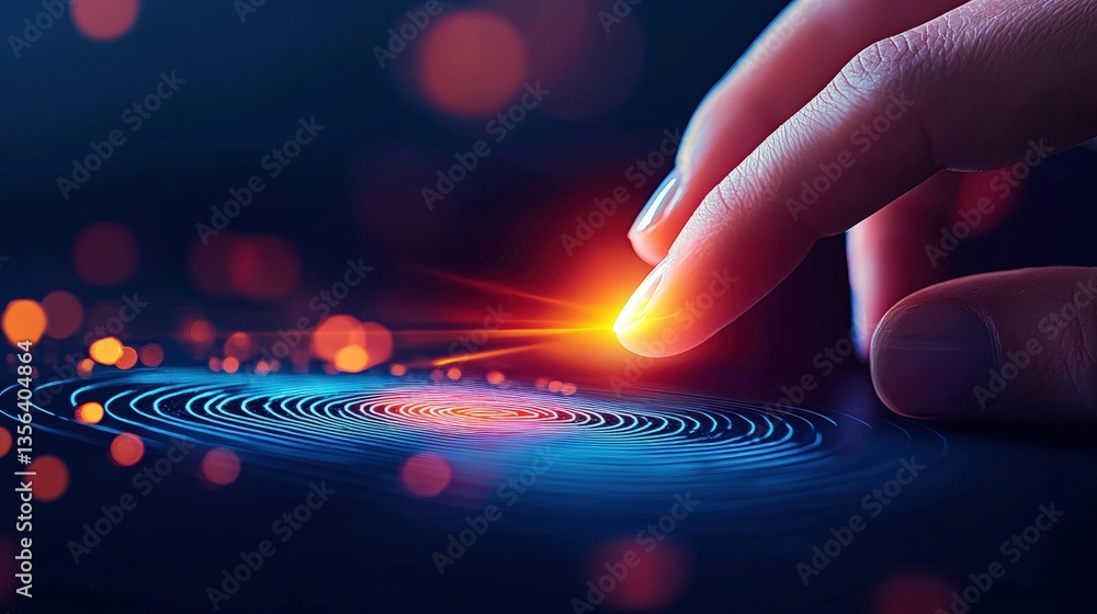 Poster a finger reaches towards a glowing orb, surrounded by swirling patterns and lights, creating a sense