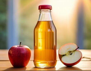 A closed transparent bottle with a red cap, filled with fresh apple juice, and apple fruits