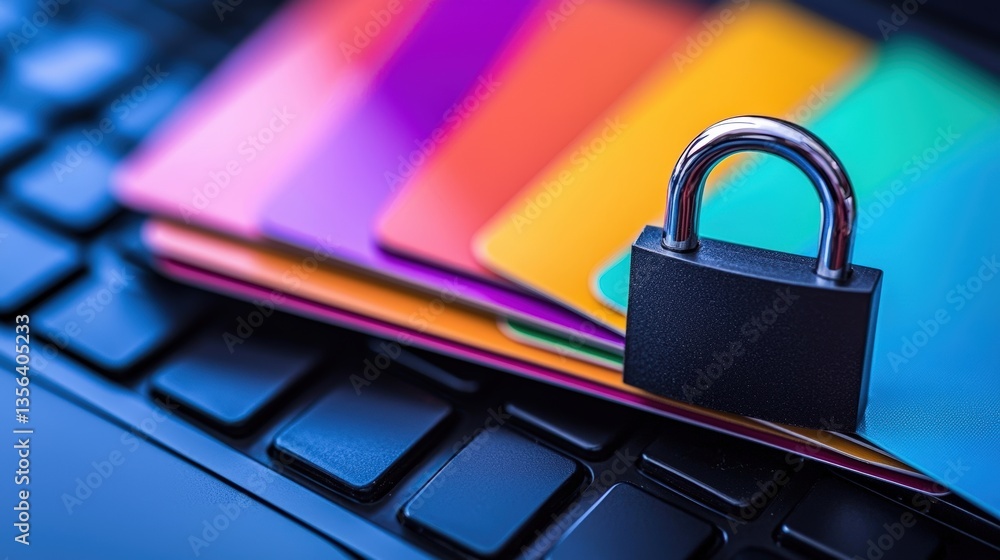 Poster a close-up image of colorful credit cards stacked on a keyboard, featuring a padlock symbolizing sec