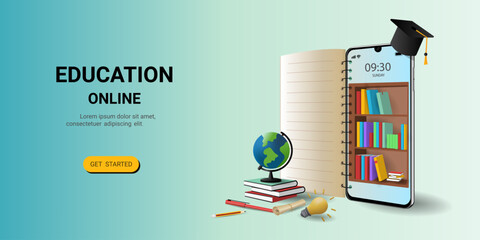 Online education on website and mobile application with book smartphone electronic library. Online training courses. Digital Library. Concept for web, graphic design, Landing page template. vector