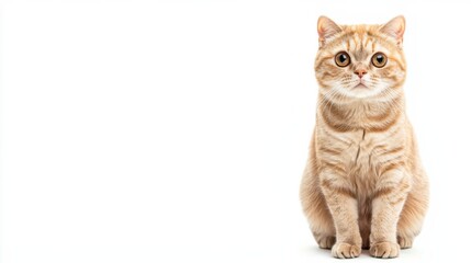 Obraz premium Scottish Fold cat is sitting on a white background. Looking forward. The cat's eyes are wide open, giving it a curious and alert appearance . Copy space .