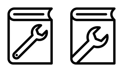 Wrench on repair manual book icon set. Editable stroke.