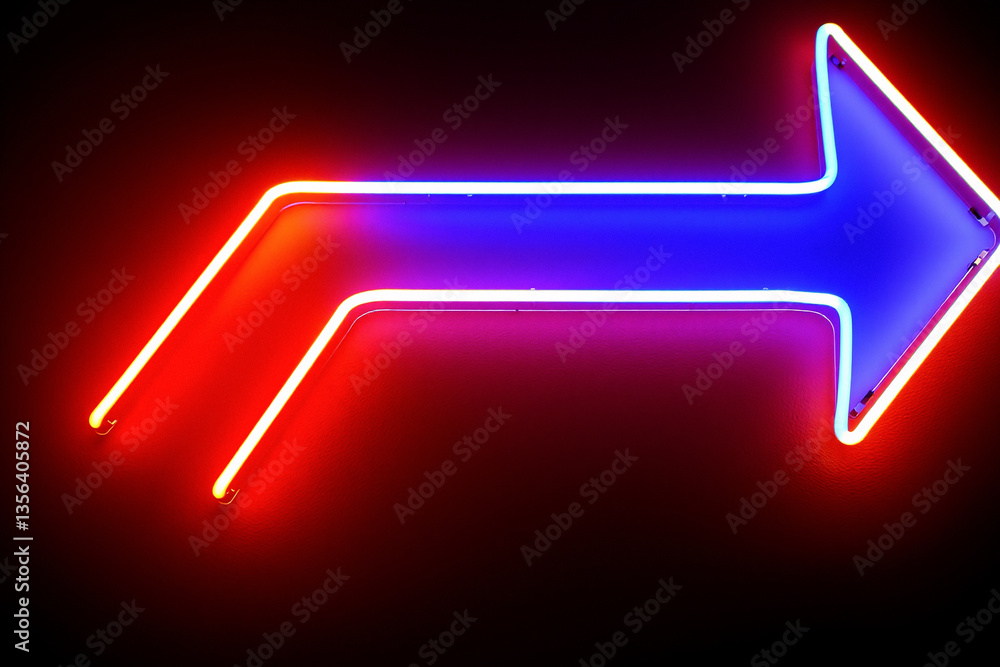 Poster a vibrant neon arrow sign glows against a dark backdrop. the arrow is illuminated in blue and red, p