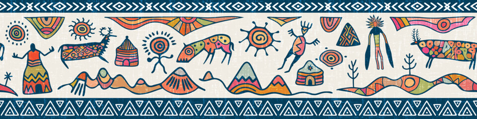 Ethnic seamless border on the theme of rock paintings, petroglyphs and geometric pattern, vector design, banner