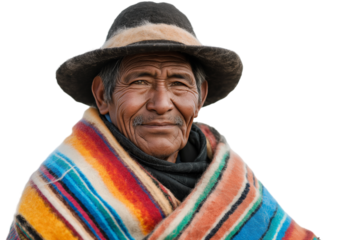  elderly man in hat and colorful blanket exuding wisdom and cultural heritage isolated on transparent white background